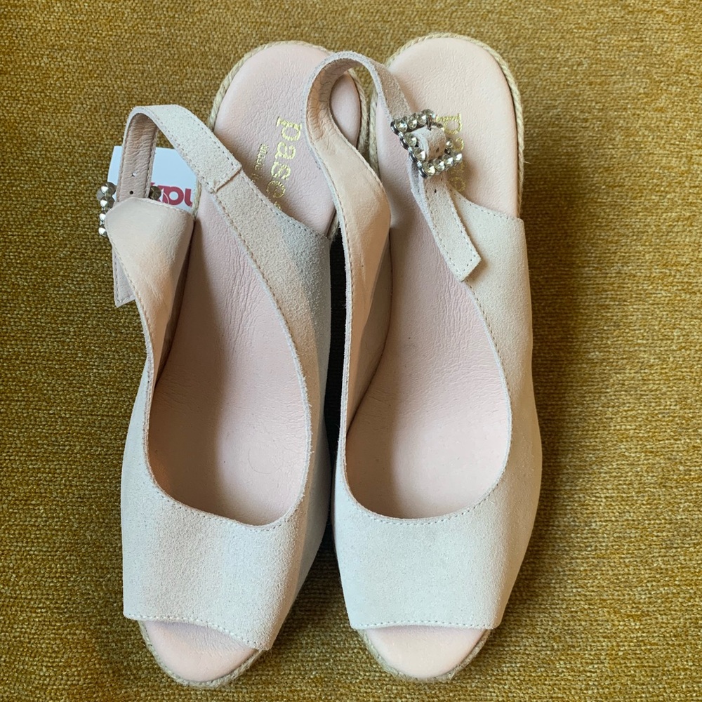 Paseart Leather Pink Taupe Slingback Wedge Sandals Rhinestone Buckle Size 10 41